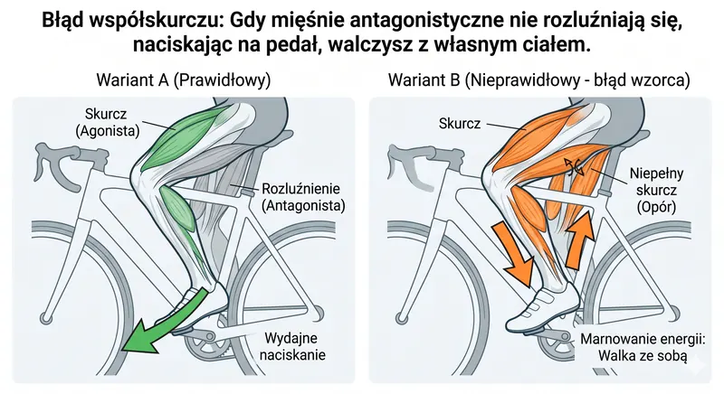 Właśnie w tym punkcie dochodzimy do sedna problemu związanego z gorzej ukształtowanym wzorcem ruchowym i mniejszą gęstością siatki neuronowej, co często jest pokłosiem braków w ogólnorozwojowym treningu za młodu. W takim przypadku układ nerwowy przesyła sygnały do mięśni w sposób nieprecyzyjny i "rozmyty". Dochodzi do tak zwanych błędów w skurczach mięśni, przejawiających się niepotrzebnym współskurczem. Oznacza to, że gdy mięśnie czworogłowe wykonują twardą pracę, mięśnie antagonistyczne nie rozluźniają się całkowicie. W efekcie, zamiast płynnego ruchu, naciskacie na pedał, walcząc jednocześnie z oporem własnych, nierozluźnionych mięśni z tyłu nogi. Generuje to olbrzymie, niepotrzebne straty energetyczne i dramatycznie obniża wasze Gross Efficiency. Trening siłowy, poza budowaniem siły absolutnej, uczy układ nerwowy lepszej kontroli i koordynacji, pomagając eliminować te nieświadome błędy ruchowe.