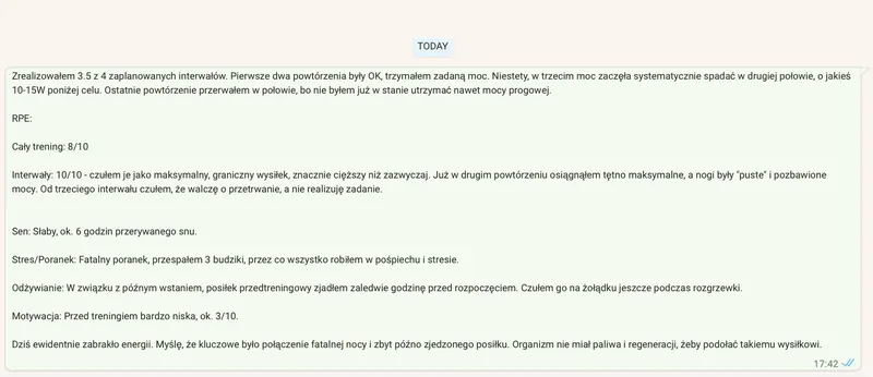 Przykładowy feedback zawodnika na niekoniecznie udany trening.