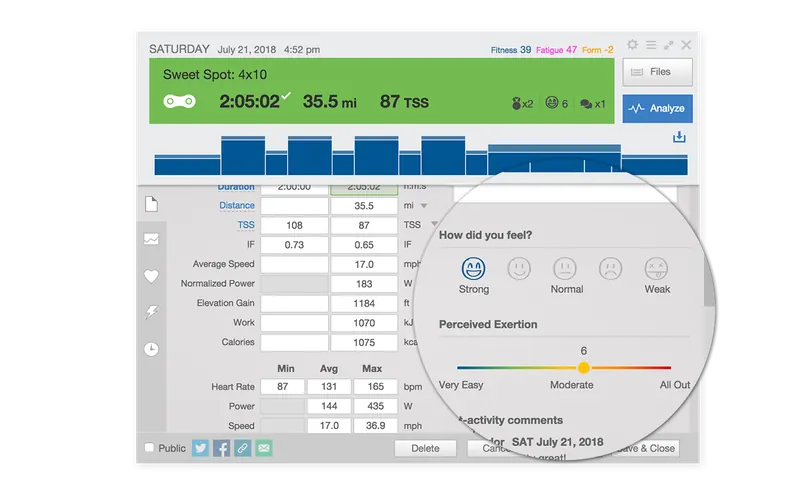 TrainingPeaks i Intervals.icu poza notatką słowną pozwalają na numerologiczną ocenę RPE i samopoczucia z treningu.